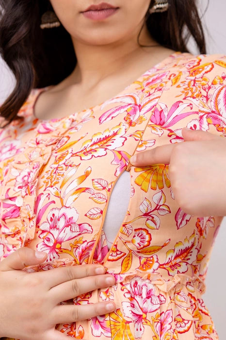 Henal Peach Floral Printed Pregnancy Gown – Soft Cotton, Comfortable Maternity Wear