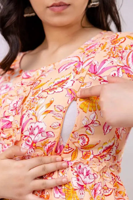 Henal Peach Floral Printed Pregnancy Gown – Soft Cotton, Comfortable Maternity Wear - HENAL