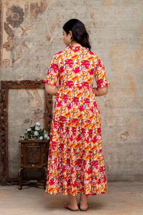 Henal Sunset Bloom Maternity Dress – Orange & Pink Floral Cotton Maxi for Moms