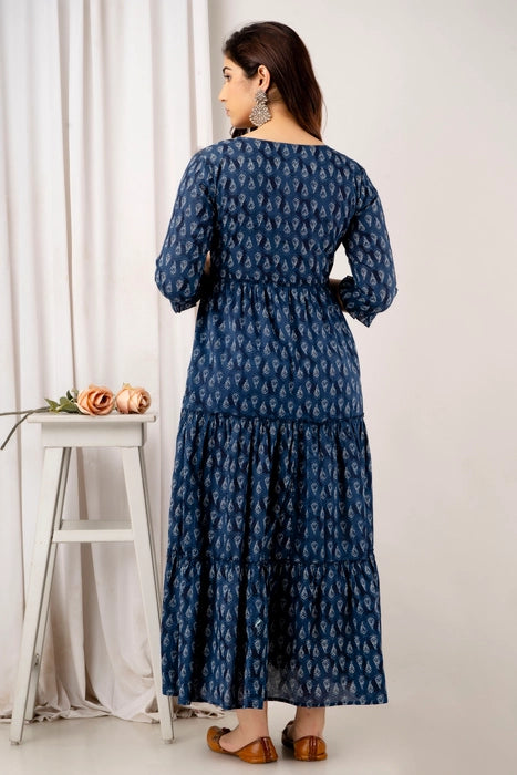 Navy Blue Handblock Printed Cotton Maternity Dress – Tiered Anarkali with 3/4 Sleeves