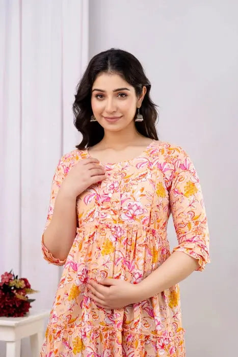 Henal Peach Floral Printed Pregnancy Gown – Soft Cotton, Comfortable Maternity Wear - HENAL