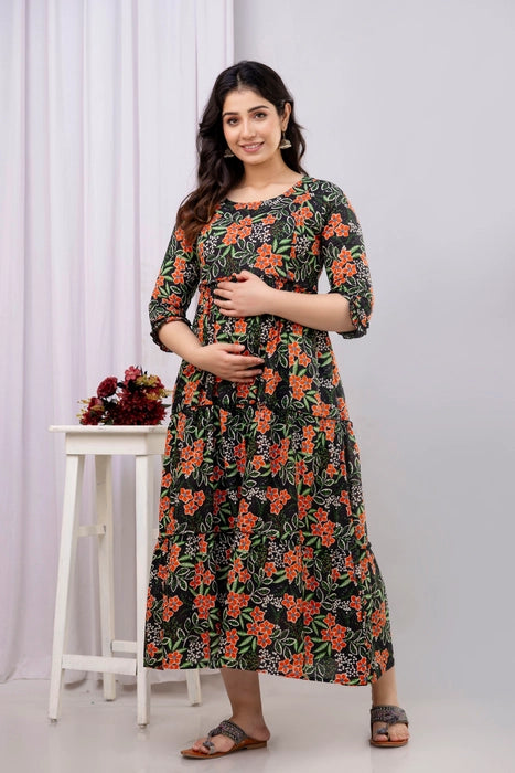 Henal Dark Green Floral Maternity Dress – Pure Cotton Comfort for Moms-to-Be