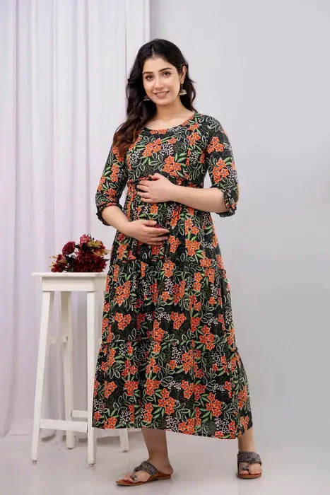 Henal Dark Green Floral Maternity Dress – Pure Cotton Comfort for Moms-to-Be - HENAL