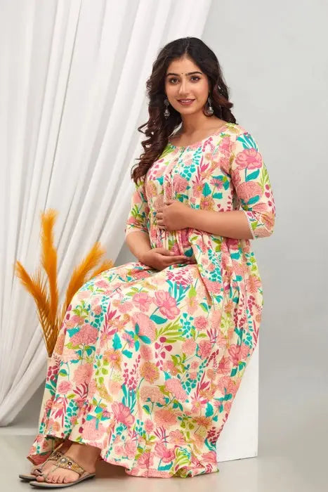 Floral Printed Cotton Maternity Dress for Women with Front Button Detailing - HENAL