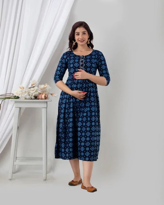 Blue Gold Printed Maternity Kurta