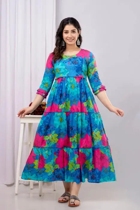 Henal Blue Multicolor Floral Cotton Maternity Dress – Bold & Breezy Pregnancy Maxi - HENAL