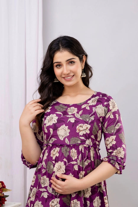 Women’s Purple Floral Printed Long Cotton Anarkali Dress | Ethnic Casual Wear Kurti