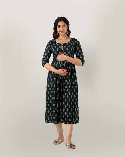 Green Gold Butti Maternity Kurta