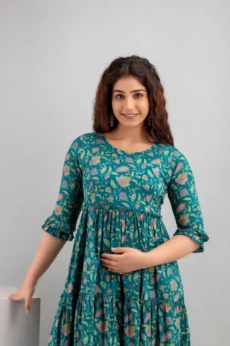 Henal Teal Floral Cotton Maternity Maxi Dress – Comfort Fit for Moms-to-Be - HENAL