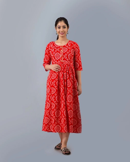 Red Bhandej Printed Maternity Kurta