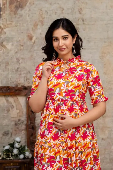 Sunset Bloom Maternity Maxi Dress - Vibrant Style for Moms - HENAL