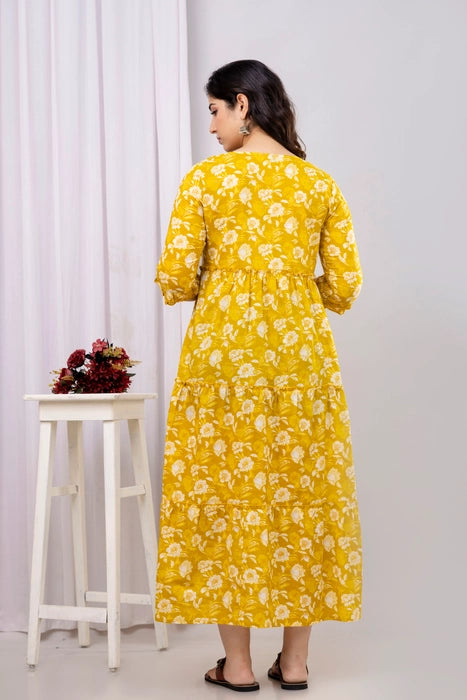 Yellow Floral Cotton Maternity Dress – Tiered Anarkali with 3/4 Sleeves