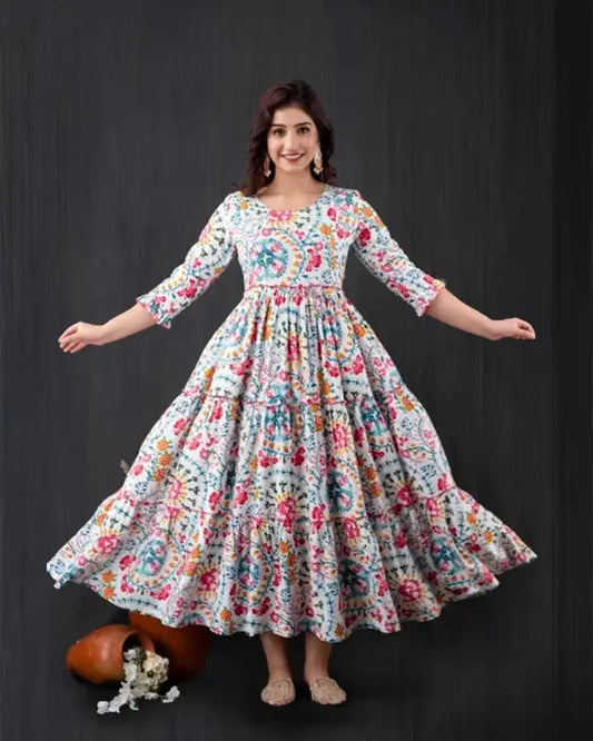 Henal White Multicolor Floral Cotton Maternity Dress – Elegant & Bump-Friendly Gown - HENAL