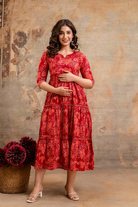 Henal Crimson Garden Maternity Dress – Red Floral Cotton Tiered Kurti Gown