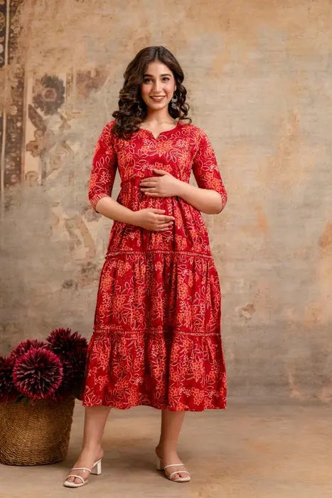 Henal Crimson Garden Maternity Dress – Red Floral Cotton Tiered Kurti Gown - HENAL