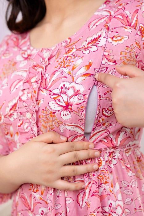 Cotton Maternity Feeding Dress – Elegant Floral Print, Nursing Friendly Kurti / Gown”