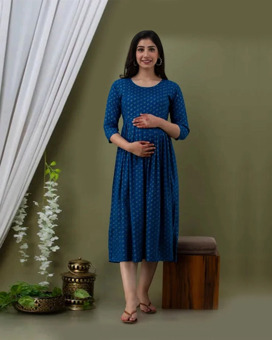 Women’s Blue & Gold Maternity Kurta | Cotton Nursing-Friendly Long Anarkali with Front Buttons