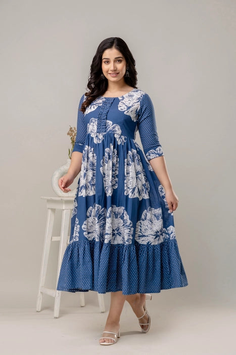 Comfortable Cotton Maternity Dress – Blue with White Flowers