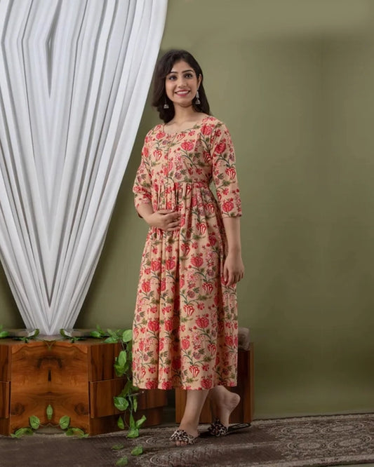 Women’s Beige Floral Maternity Dress | Cotton Nursing Friendly Anarkali Maxi Kurti with Front Buttons
