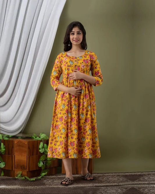 Women’s Yellow Floral Printed Cotton Midi Dress | Casual & Office Wear Anarkali Kurti