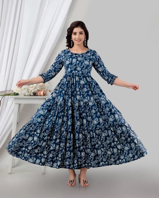 Henal Navy Blue Floral Cotton Maternity Dress – Elegant & Bump-Friendly