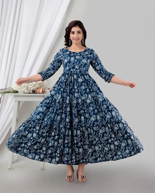 Henal Navy Blue Floral Cotton Maternity Dress – Elegant & Bump-Friendly - HENAL