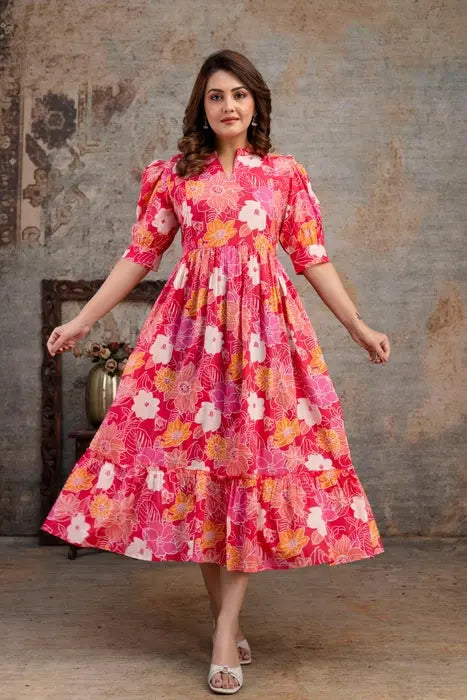 Henal Women’s Pink & Orange Floral Cotton Maternity Dress | Feeding-Friendly Maxi - HENAL