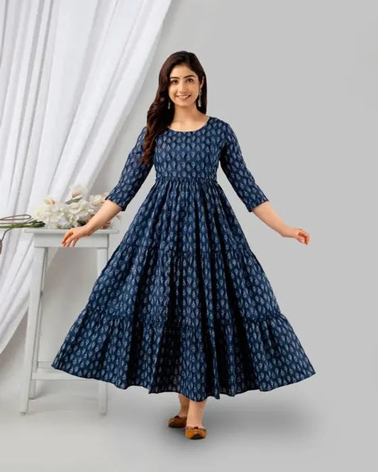 Women's Maroon Floral Tiered Midi Dress | Elegant 3/4 Sleeve Fit & Flare Dress - HENAL