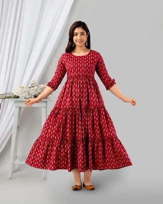 Women’s Red Cotton Printed Long Anarkali Dress | Ethnic Maxi Kurti for Casual & Festive Wear - HENAL