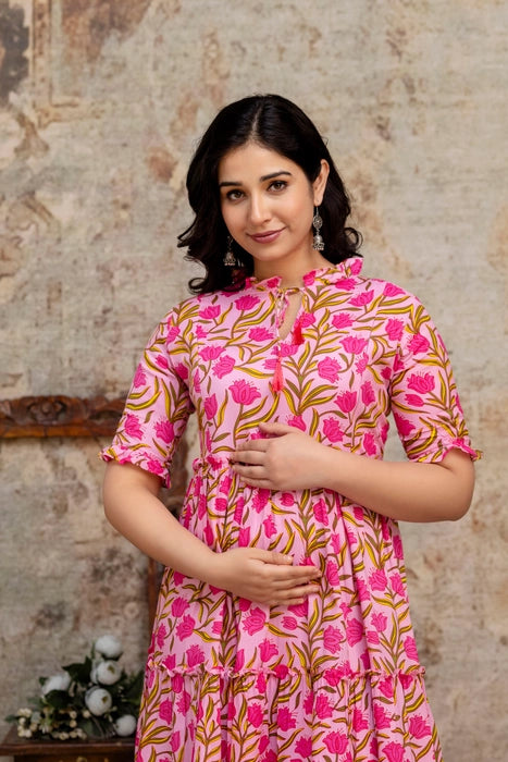 Henal Pink Bloom Floral Cotton Maternity Dress – Soft, Stylish & Bump-Friendly