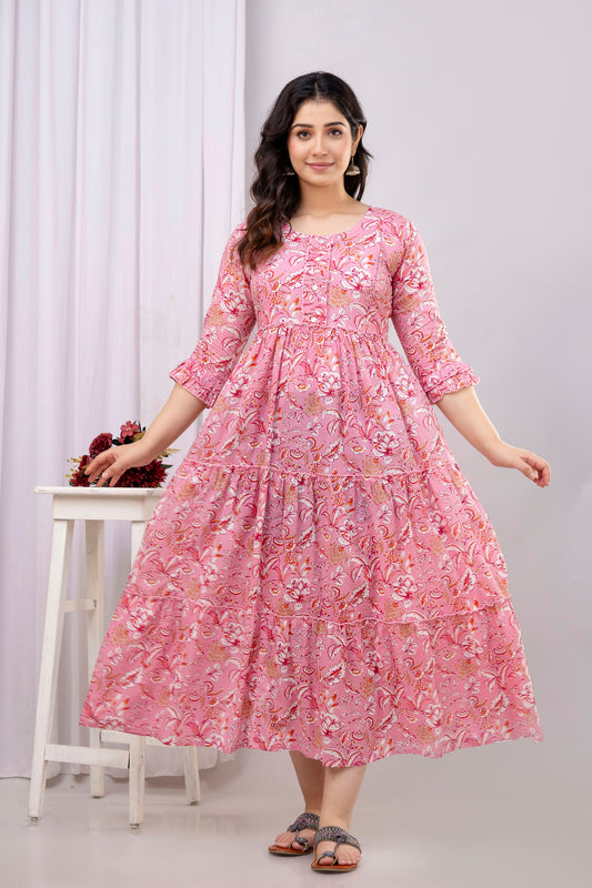 Pink Floral Pure Cotton Maternity Dress | Feeding Friendly Comfortable Pregnancy Wear - HENAL