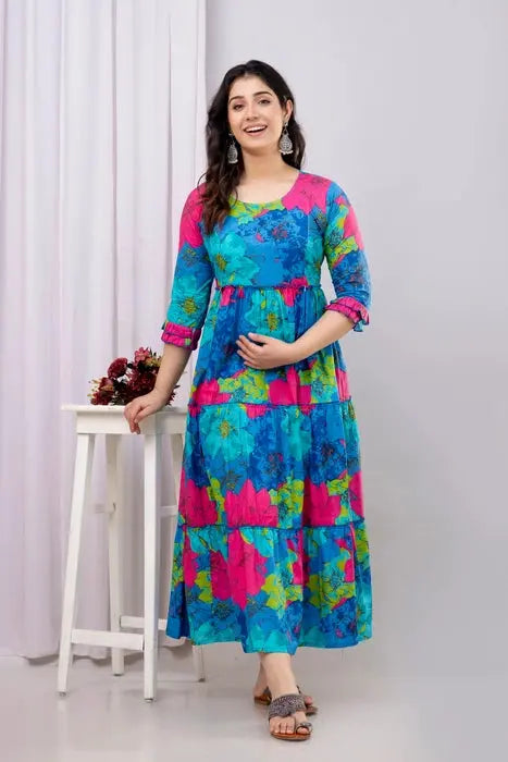 Henal Blue Multicolor Floral Cotton Maternity Dress – Bold & Breezy Pregnancy Maxi - HENAL