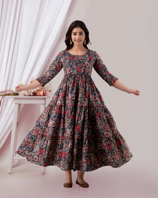 Henal Floral Printed Gathered Tiered Rayon Maternity Maxi Dress