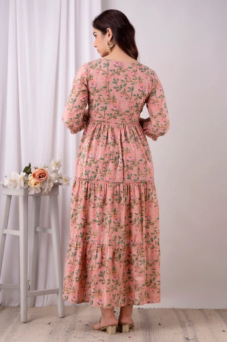 Peach Floral Cotton Maternity Dress – Tiered Anarkali Style with 3/4 Sleeves
