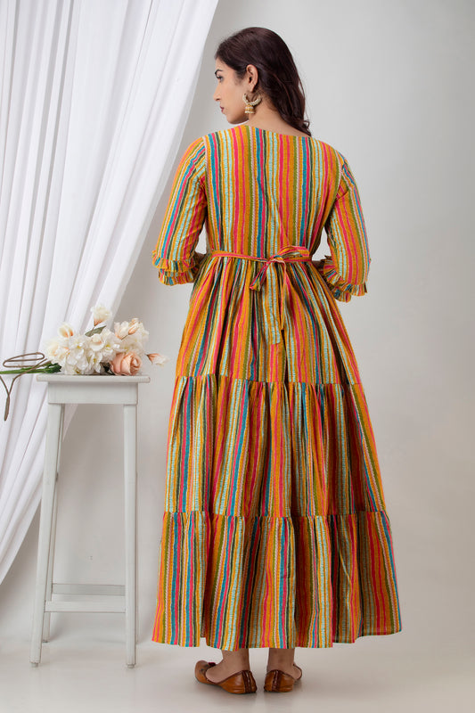 Multicolor Striped Maternity Maxi Dress for Women | Feeding Friendly Nursing Dress | Comfortable Cotton Ethnic Wear