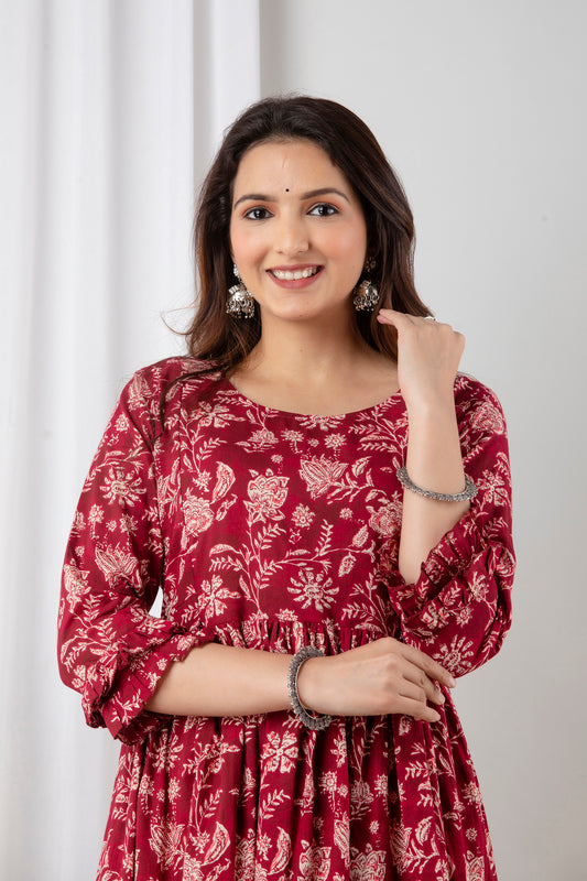 Maroon Floral Printed Cotton Maternity Anarkali Dress | Feeding Friendly | Comfortable Pregnancy Wear - HENAL