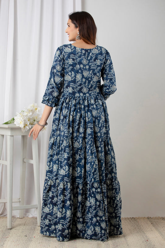 Blue Floral Printed Cotton Maternity & Feeding Anarkali Dress | Dual Side Hidden Zips | Pregnancy Wear - HENAL