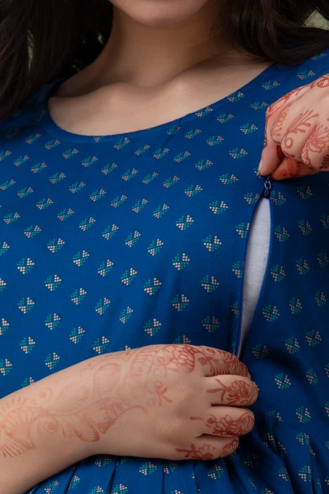 Women’s Blue & Gold Maternity Kurta | Cotton Nursing-Friendly Long Anarkali with Front Buttons