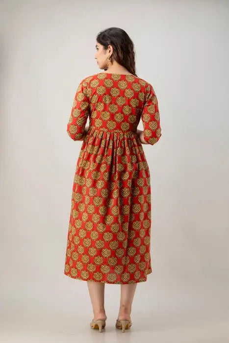 Orange Butta Printed Flear Kurta - HENAL