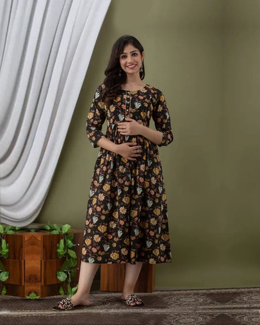 Women’s Black Floral Printed Cotton Midi Anarkali Kurti | Casual & Office Wear Dress