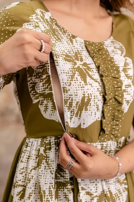 Women’s Olive Green Cotton Floral Printed Long Anarkali Dress | Ethnic Maxi Kurti with Flared Hem - HENAL