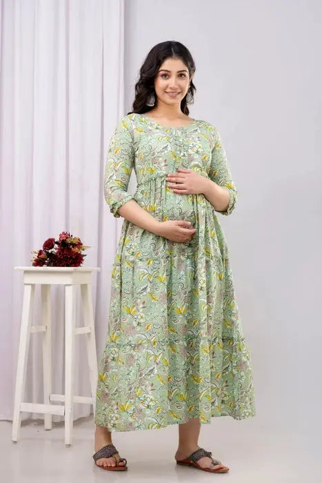 Soft Cotton Maternity Kurta - Floral Print & Feeding Zipper - HENAL
