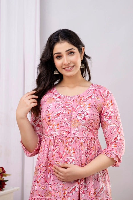 Cotton Maternity Feeding Dress – Elegant Floral Print, Nursing Friendly Kurti / Gown”
