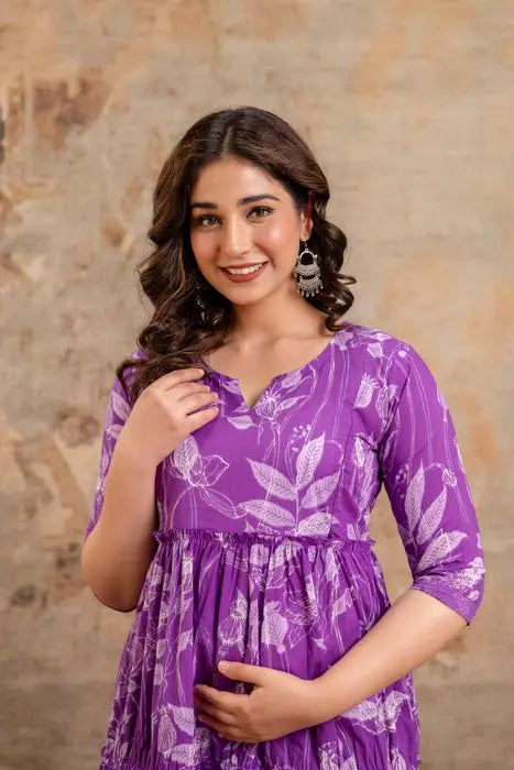 Floral Purple Tiered Dress for Women | Elegant Midi Dress with 3/4 Sleeves - HENAL