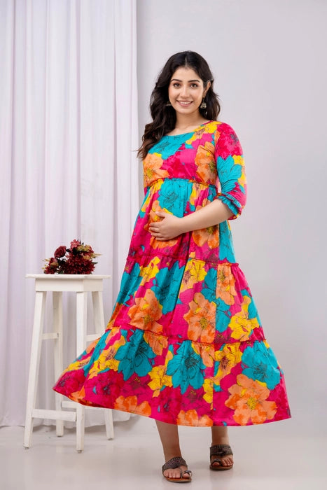 Henal Floral Maternity Dress – Vibrant Multicolor Maxi for Pregnancy & Nursing Comfort