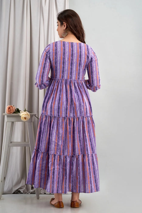 Purple Striped Cotton Maternity Dress for Women – Tiered Flare with 3/4 Ruffle Sleeves