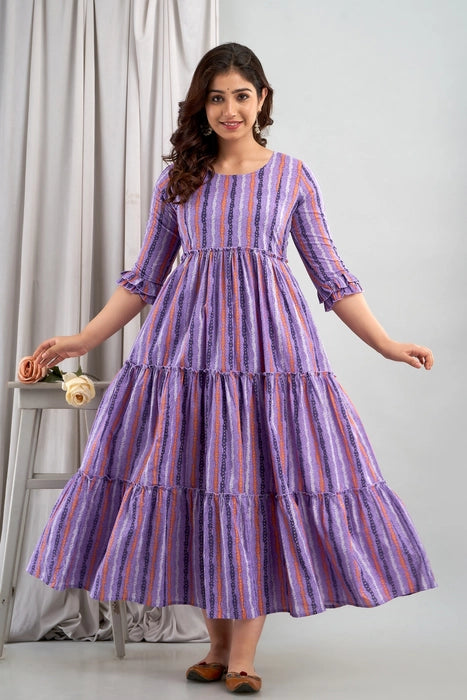 Purple Striped Cotton Maternity Dress for Women – Tiered Flare with 3/4 Ruffle Sleeves