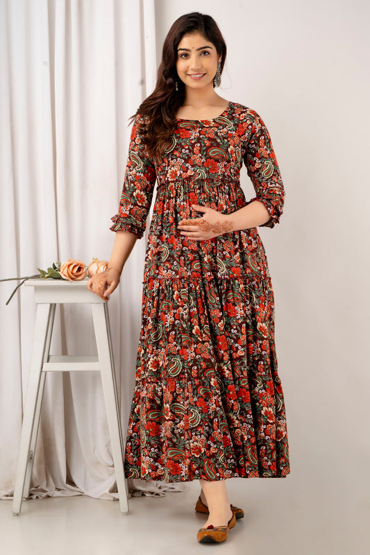Red & Green Floral Cotton Maternity Dress | Feeding Friendly Comfortable Pregnancy Wear - HENAL