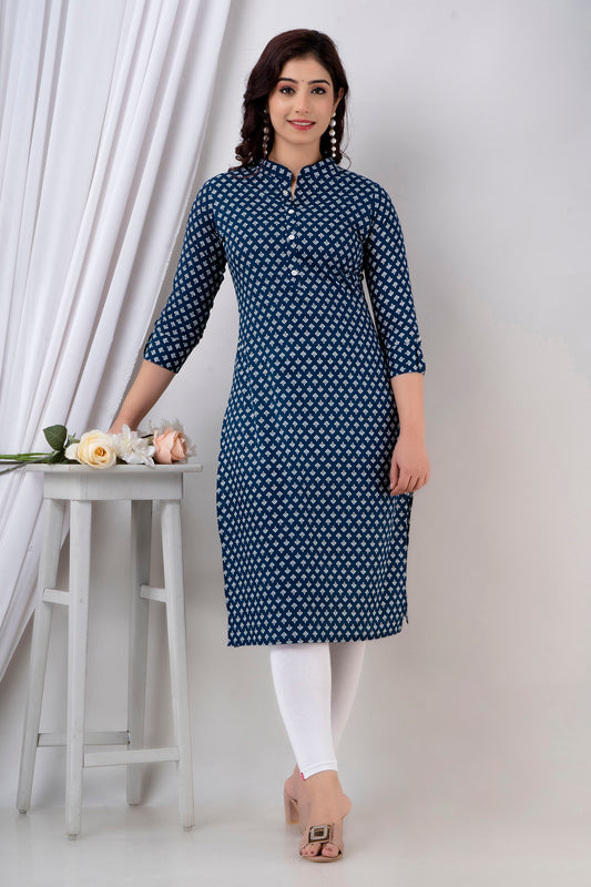 Navy Blue Printed Cotton Straight Kurta for Women - HENAL