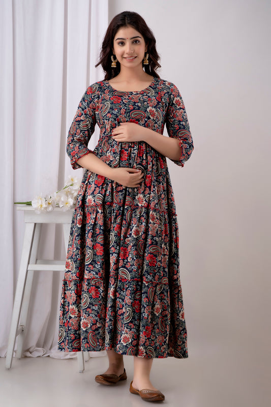 Dark Floral Printed Cotton Maternity Dress | Feeding Friendly Pregnancy Wear - HENAL